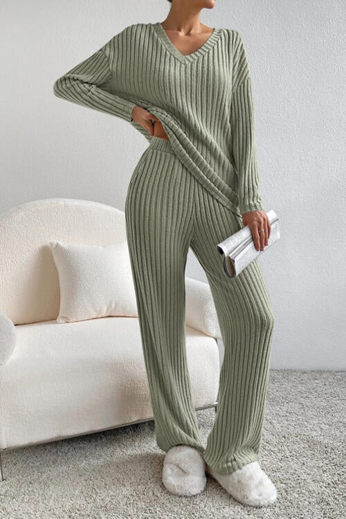 Ribbed V-Neck Top and Pants Set king-general-store-5710.myshopify.com