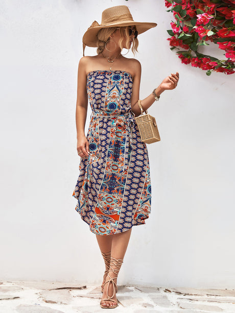 Printed Strapless Tie Belt Dress king-general-store-5710.myshopify.com