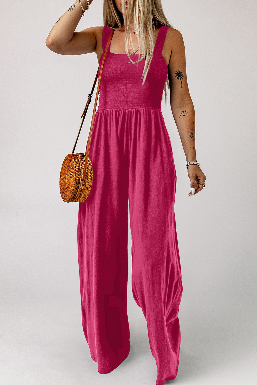 Smocked Square Neck Wide Leg Jumpsuit with Pockets king-general-store-5710.myshopify.com