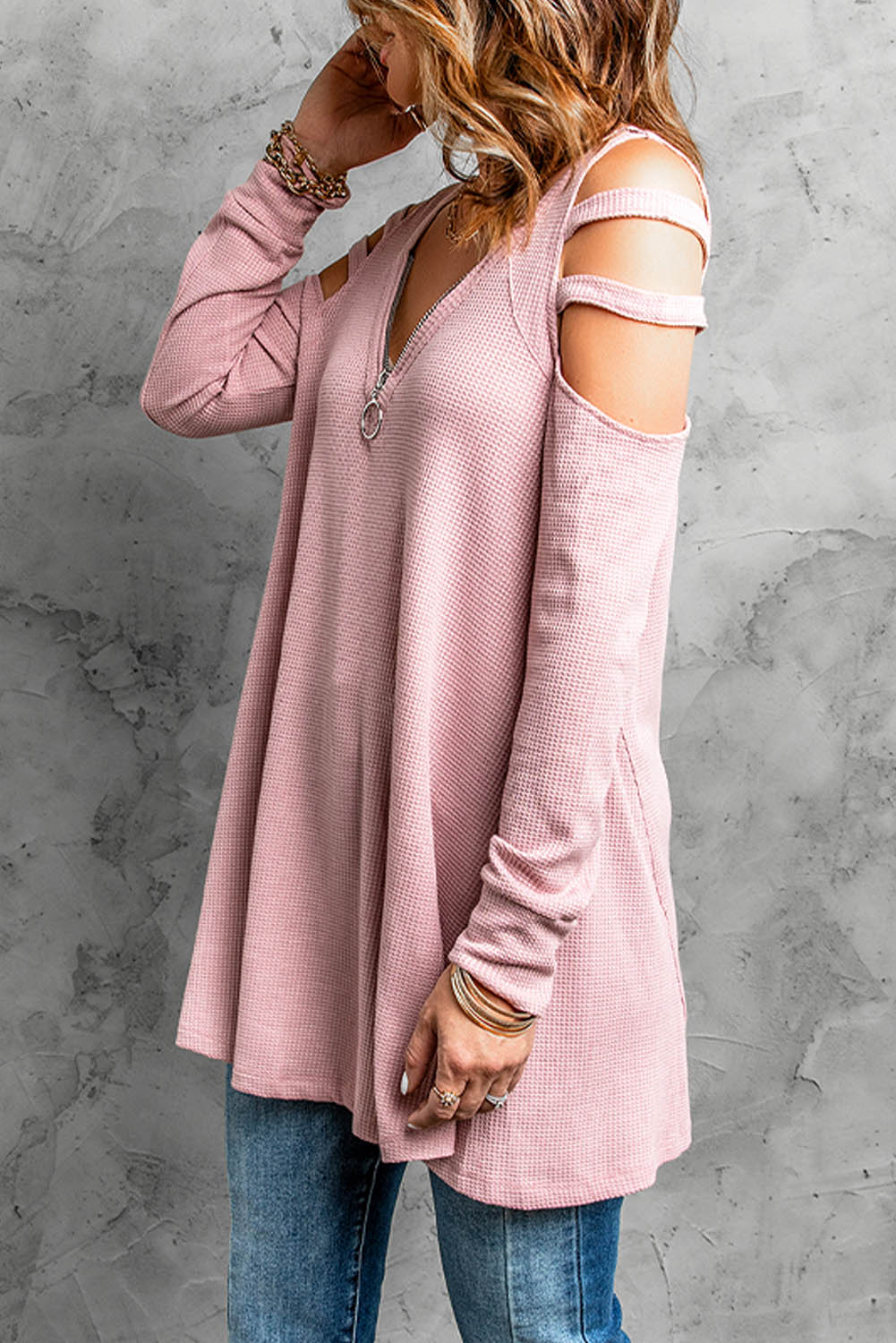 Cutout Waffle Knit Tunic Top king-general-store-5710.myshopify.com