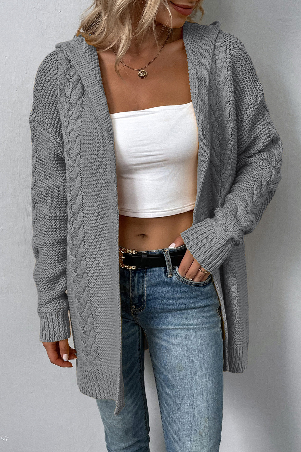 Cable-Knit Dropped Shoulder Hooded Cardigan king-general-store-5710.myshopify.com