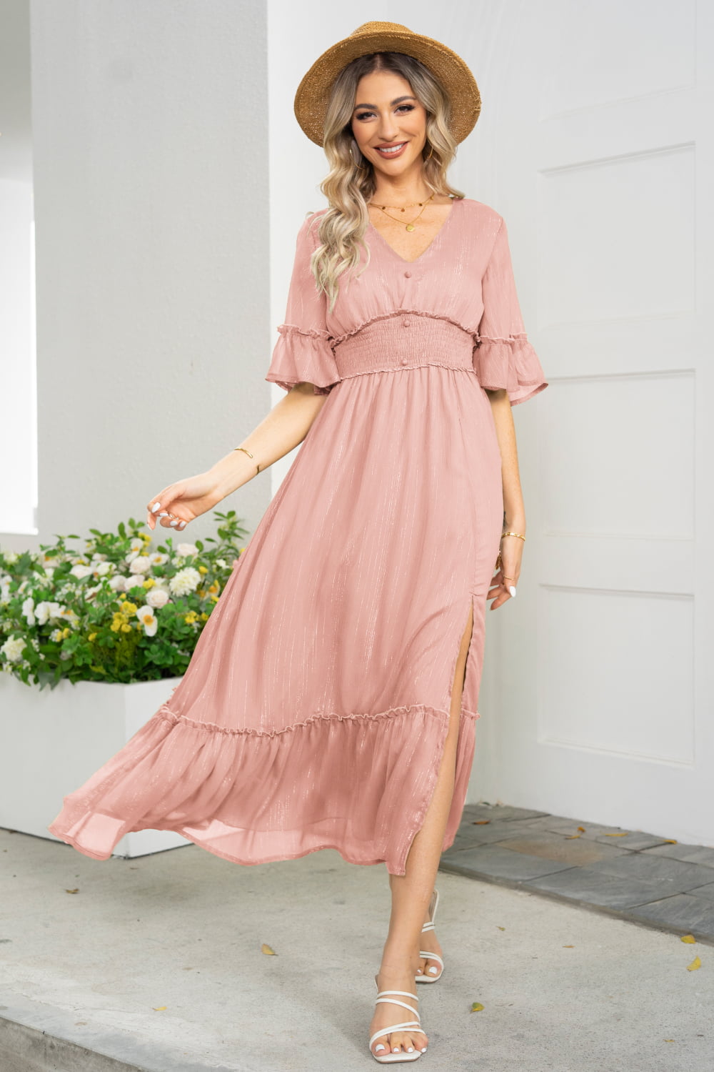 V-Neck Flounce Sleeve Smocked Waist High Slit Dress king-general-store-5710.myshopify.com