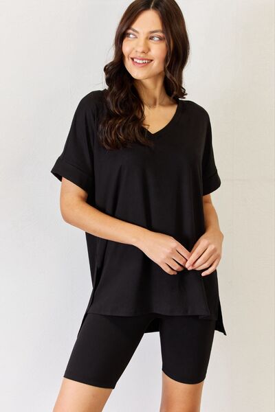 Zenana Full Size V-Neck Short Sleeve Slit T-Shirt and Shorts Set king-general-store-5710.myshopify.com