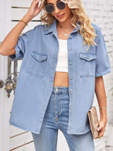 Collared Neck Short Sleeve Denim Jacket king-general-store-5710.myshopify.com