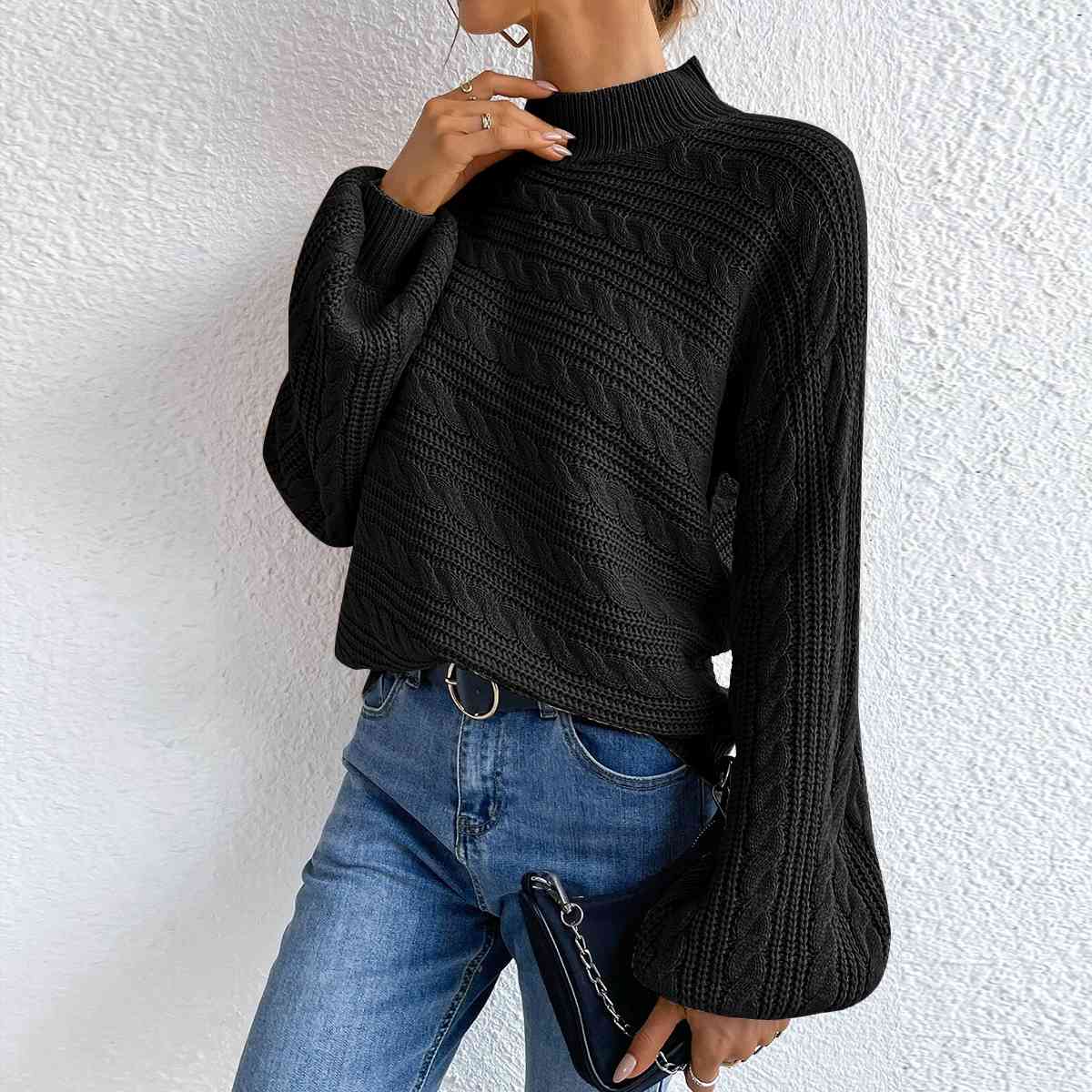 Cable-Knit Mock Neck  Long Sleeve Sweater king-general-store-5710.myshopify.com