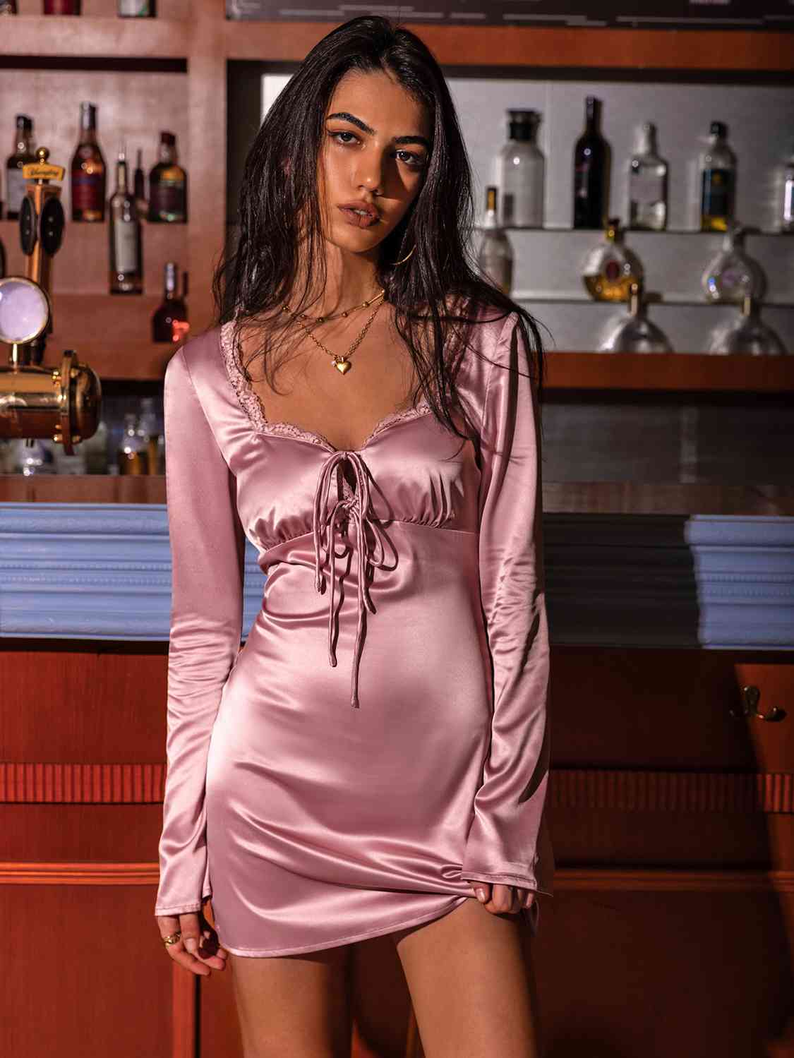 Tied Sweetheart Neck Long Sleeve Night Dress king-general-store-5710.myshopify.com