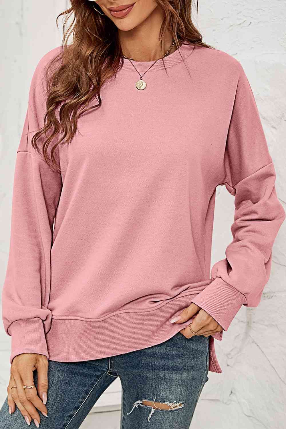 Round Neck  Dropped Shoulder Slit Sweatshirt king-general-store-5710.myshopify.com