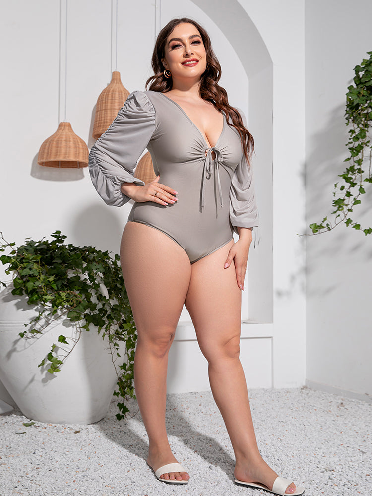 Plus Size Tied Deep V Balloon Sleeve One-Piece Swimsuit king-general-store-5710.myshopify.com