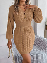 Buttoned Cable-Knit V-Neck Sweater Dress king-general-store-5710.myshopify.com