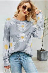 Daisy Print Openwork Round Neck Sweater king-general-store-5710.myshopify.com