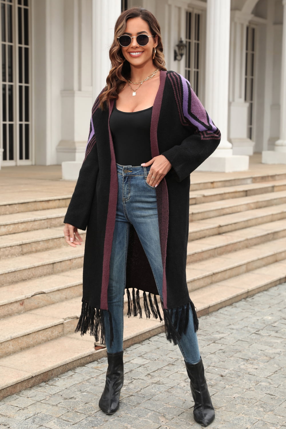 Geometric Fringe Hem Open Front Duster Cardigan king-general-store-5710.myshopify.com