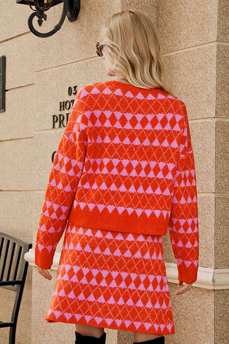 Geometric Dropped Shoulder Cardigan and Knit Skirt Set king-general-store-5710.myshopify.com