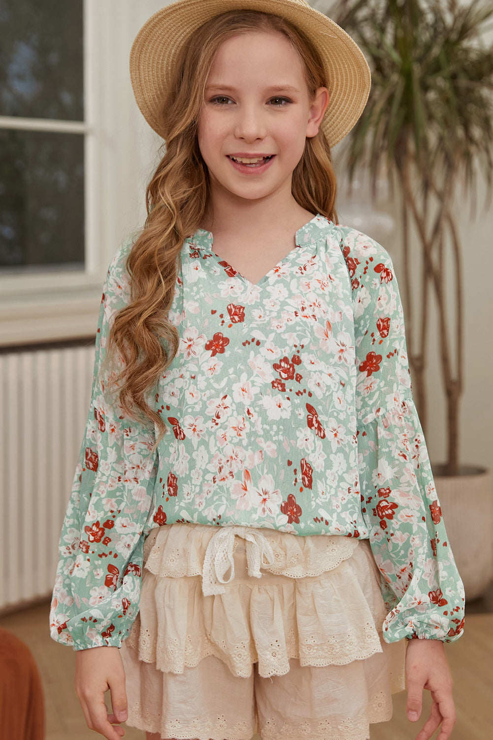 Girls Printed Notched Neck Puff Sleeve Blouse king-general-store-5710.myshopify.com