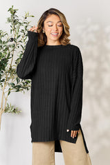 Basic Bae Full Size Ribbed Round Neck Long Sleeve Slit Top king-general-store-5710.myshopify.com