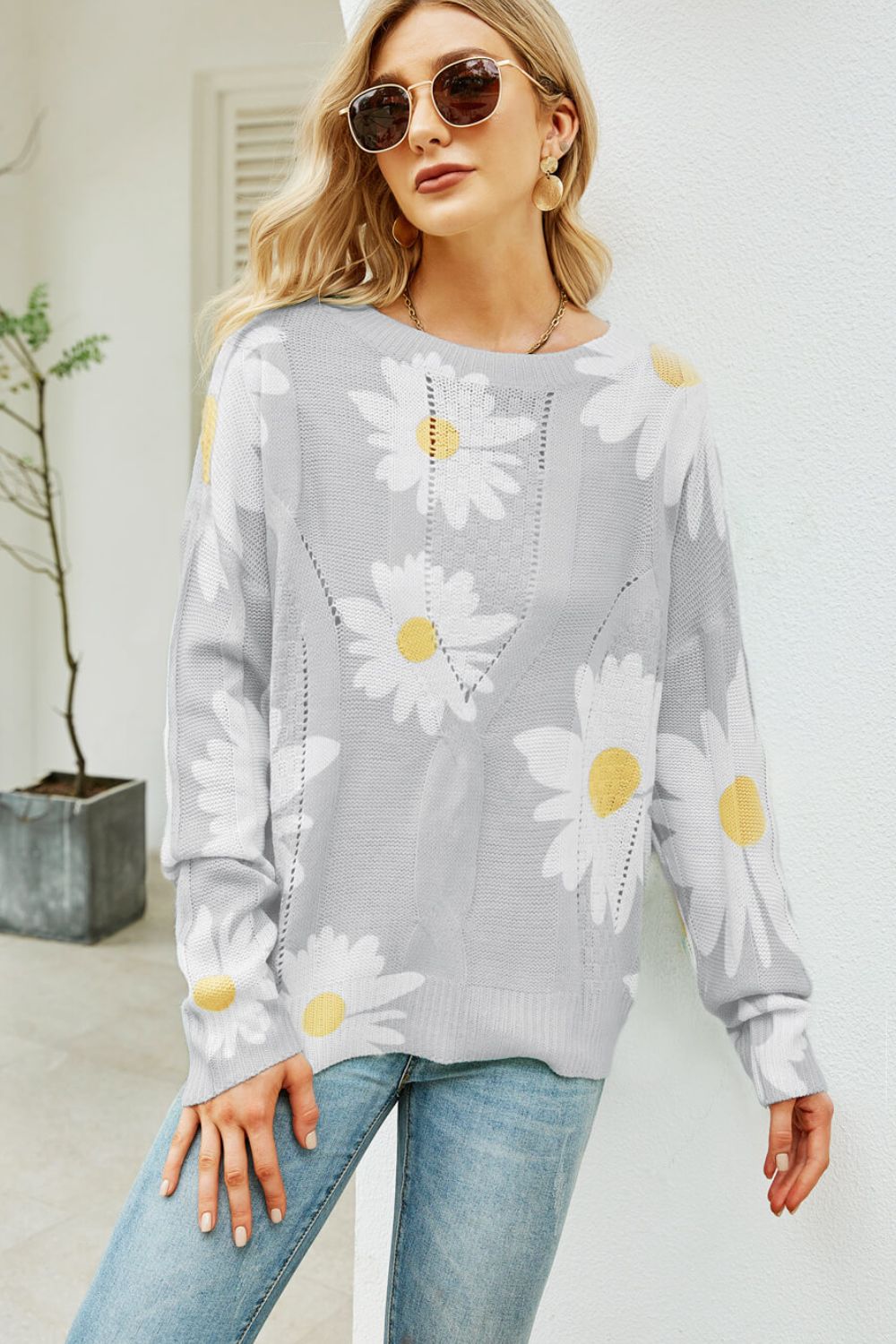 Daisy Print Openwork Round Neck Sweater king-general-store-5710.myshopify.com