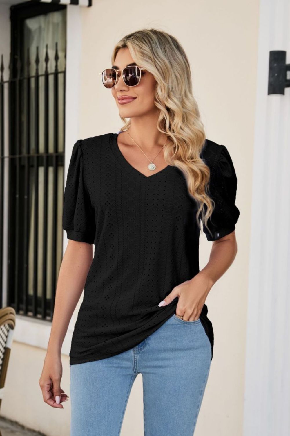 Eyelet Puff Sleeve V-Neck Top king-general-store-5710.myshopify.com