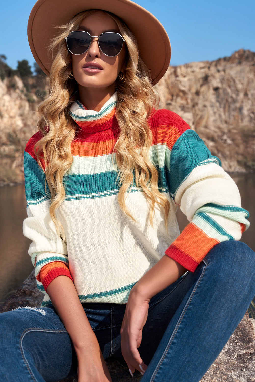 Striped Turtleneck Drop Shoulder Sweater king-general-store-5710.myshopify.com