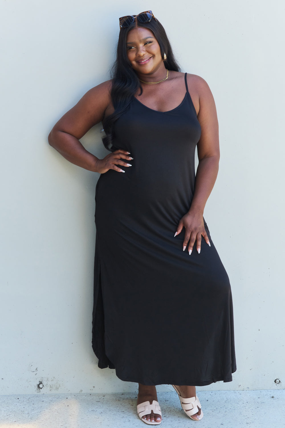 Ninexis Good Energy Full Size Cami Side Slit Maxi Dress in Black king-general-store-5710.myshopify.com