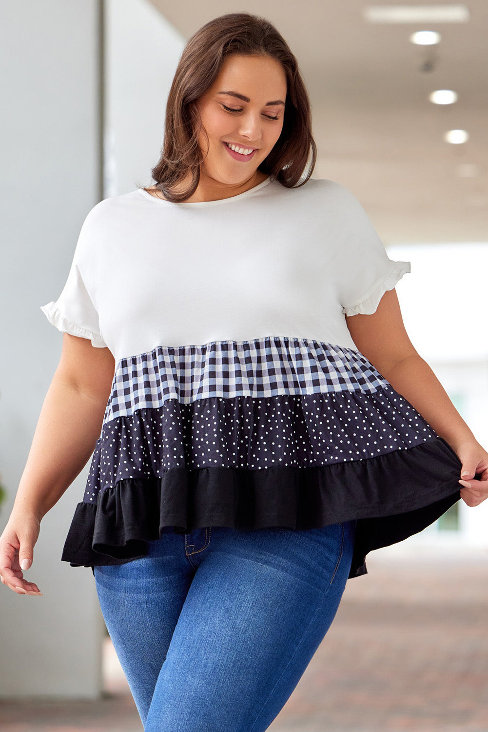 Plus Size Plaid Color Block Tiered Blouse king-general-store-5710.myshopify.com