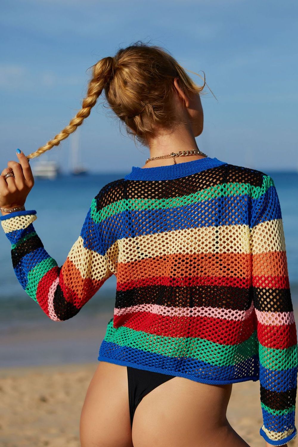 Rainbow Stripe Openwork Long Sleeve Cover-Up king-general-store-5710.myshopify.com