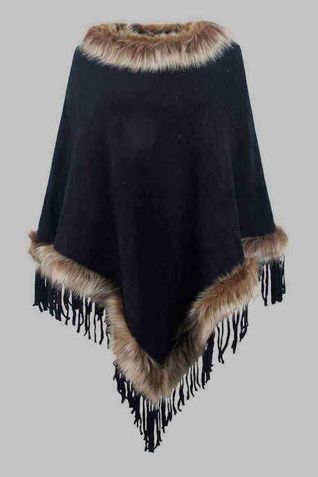 Faux Fur Trim Fringed Poncho king-general-store-5710.myshopify.com