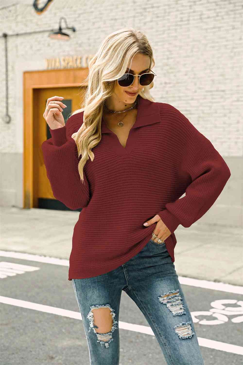 Double Take Horizontal Ribbing Johnny Collar Sweater king-general-store-5710.myshopify.com