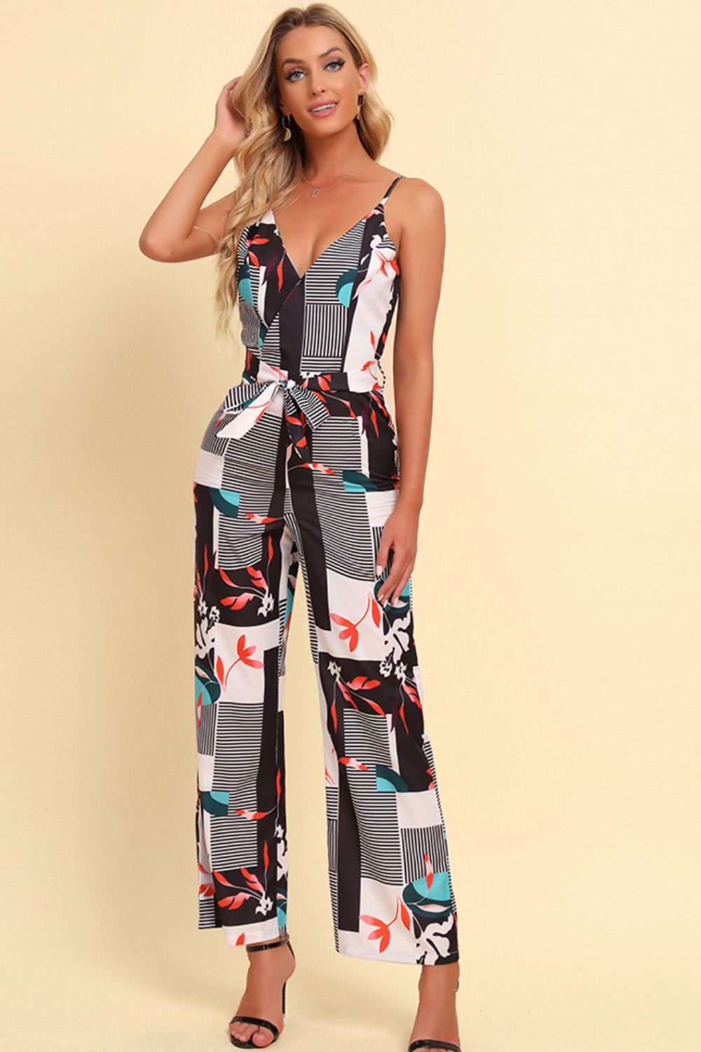 Printed Spaghetti Strap Tied Jumpsuit king-general-store-5710.myshopify.com