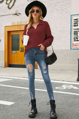 Double Take Horizontal Ribbing Johnny Collar Sweater king-general-store-5710.myshopify.com