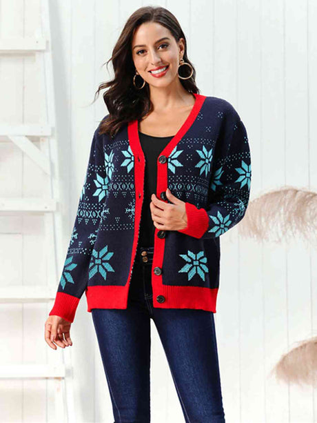 Snowflake Pattern Button Down Cardigan king-general-store-5710.myshopify.com