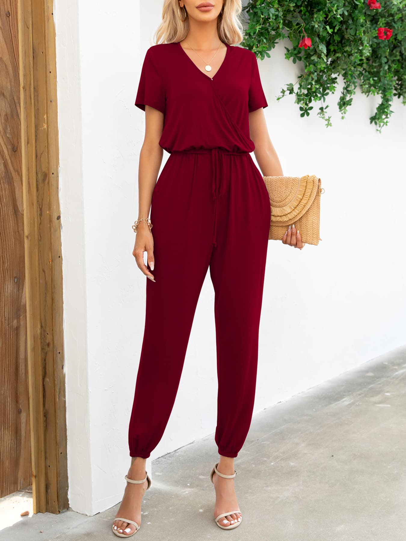 Short Sleeve V-Neck Jumpsuit with Pockets king-general-store-5710.myshopify.com