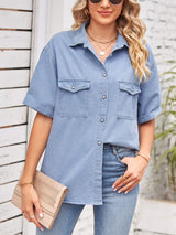 Collared Neck Short Sleeve Denim Jacket king-general-store-5710.myshopify.com