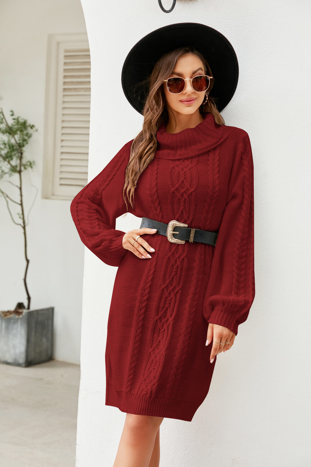 Woven Right Mixed Knit Turtleneck Lantern Sleeve Sweater Dress king-general-store-5710.myshopify.com