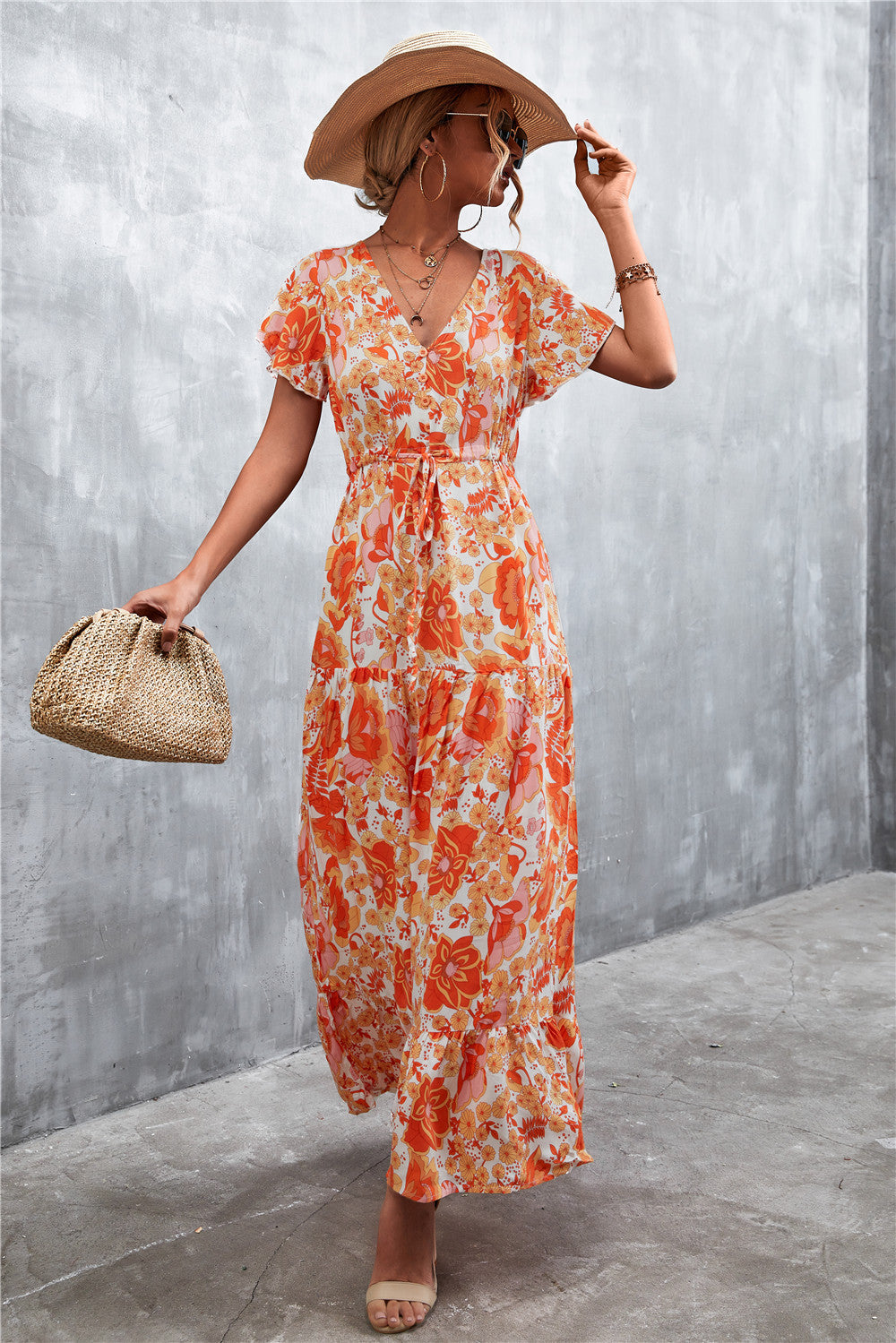 Floral Buttoned Drawstring Waist Tiered Dress king-general-store-5710.myshopify.com