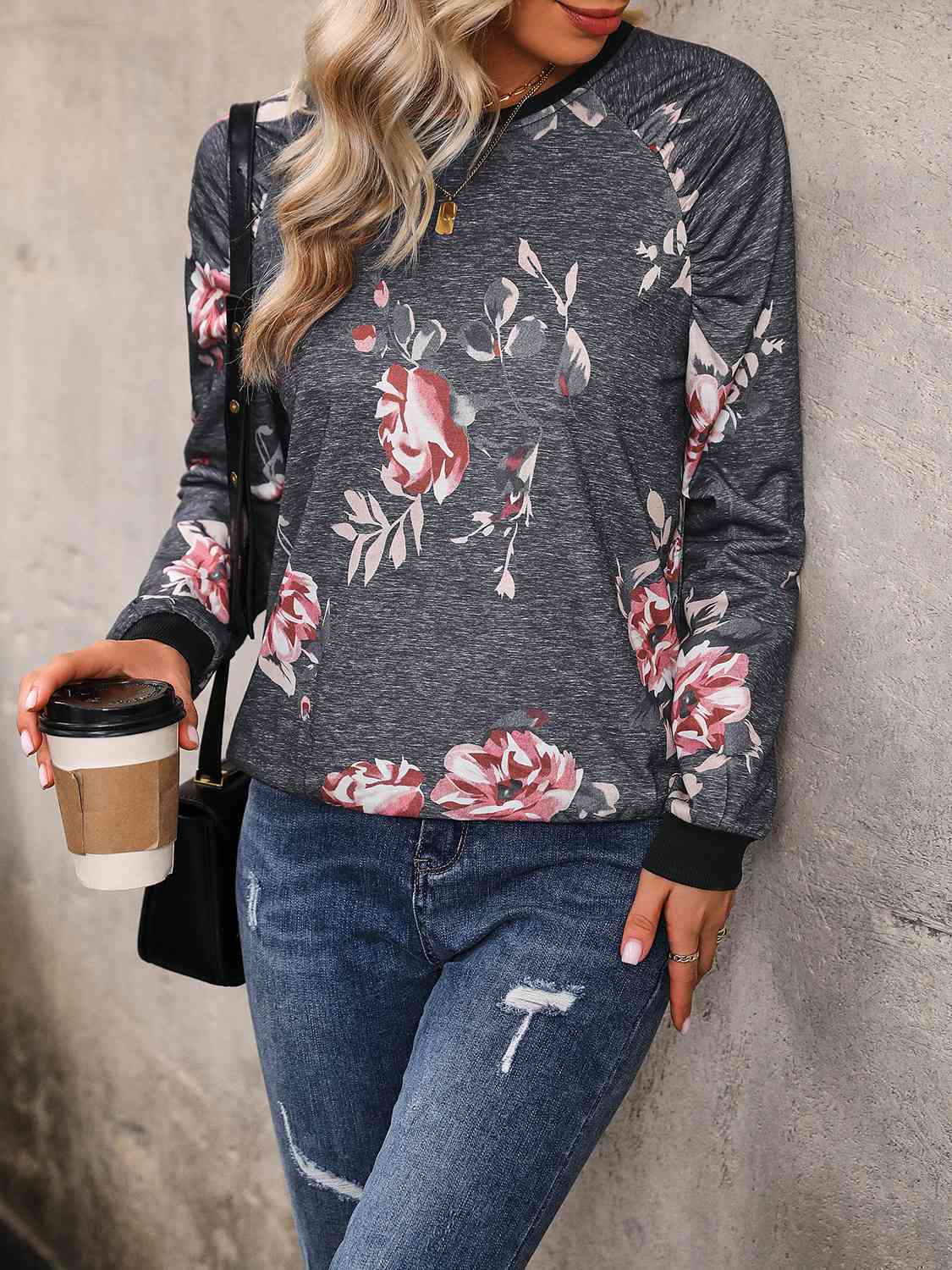 Floral Round Neck Raglan Sleeve Sweatshirt king-general-store-5710.myshopify.com