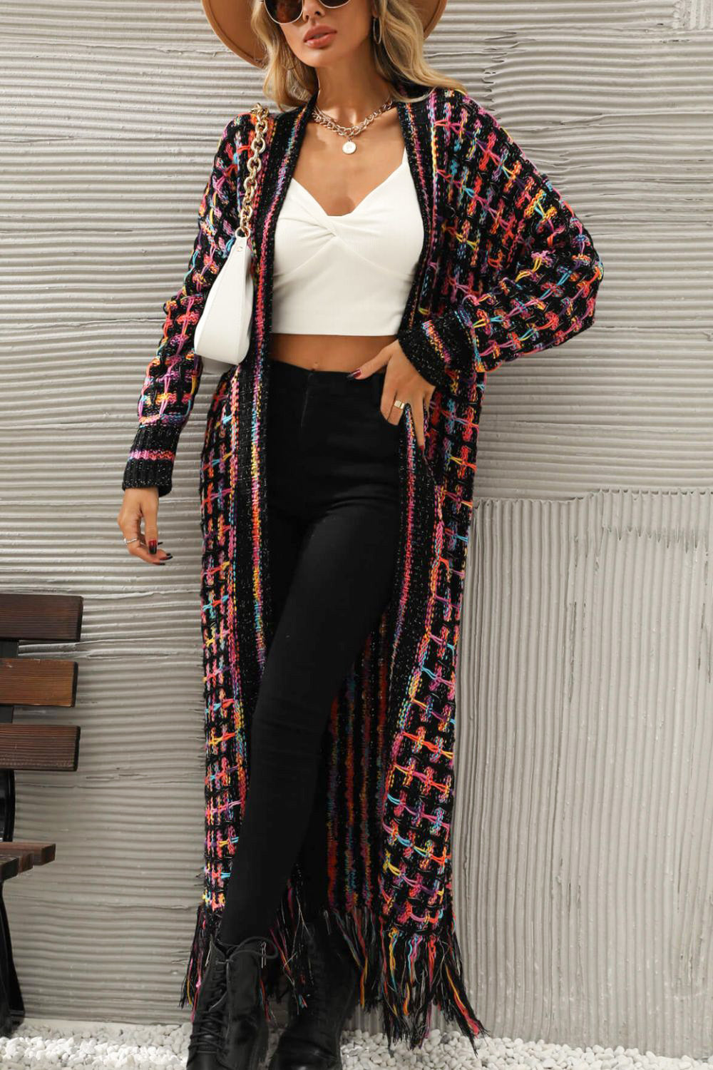 Multicolored Open Front Fringe Hem Cardigan king-general-store-5710.myshopify.com