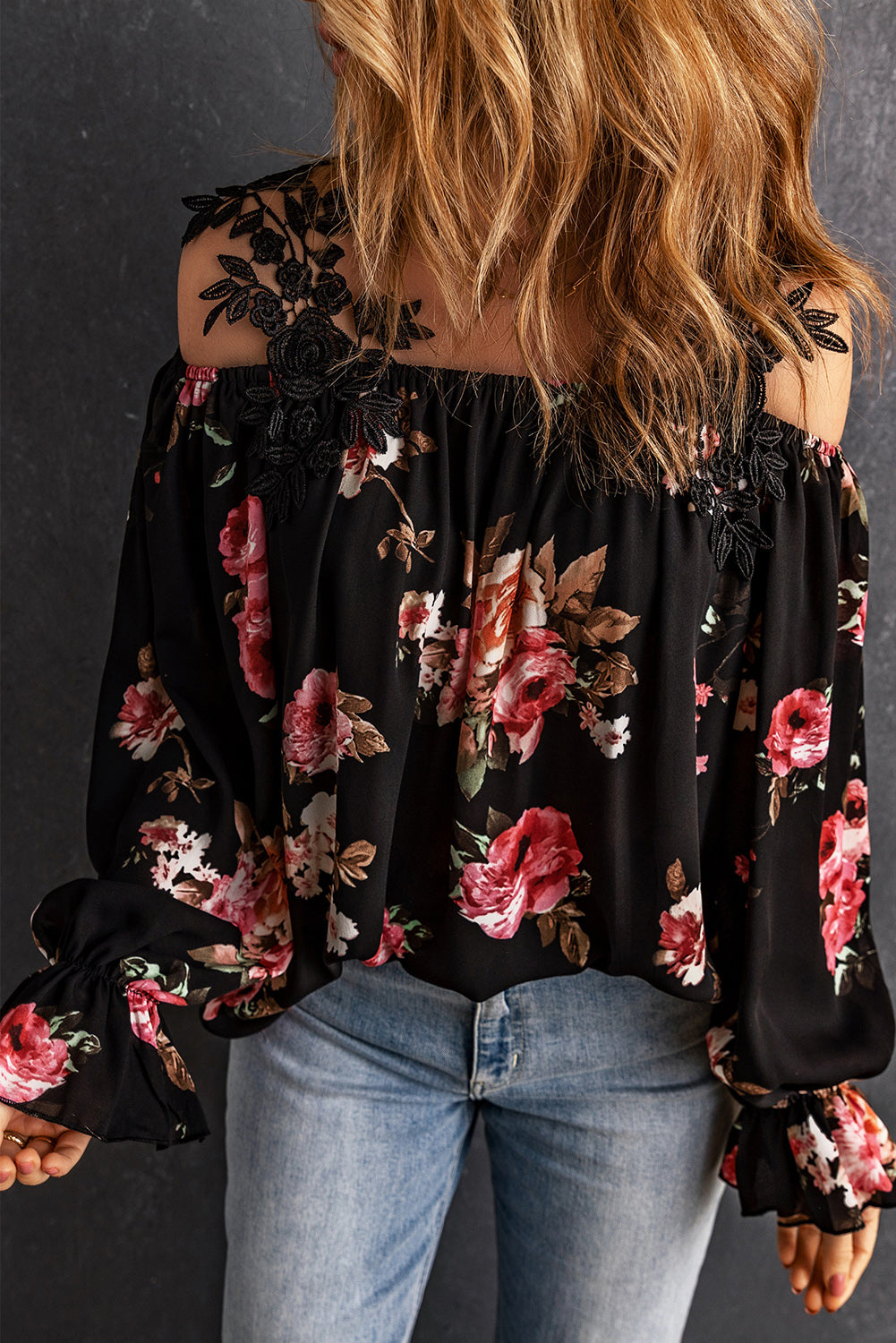 Floral Lace Cold-Shoulder Flounce Sleeve Blouse king-general-store-5710.myshopify.com