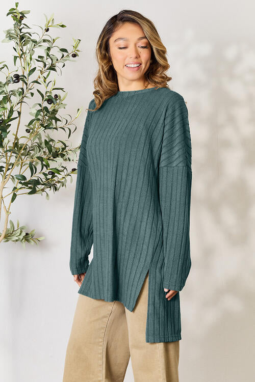 Basic Bae Full Size Ribbed Round Neck Long Sleeve Slit Top king-general-store-5710.myshopify.com