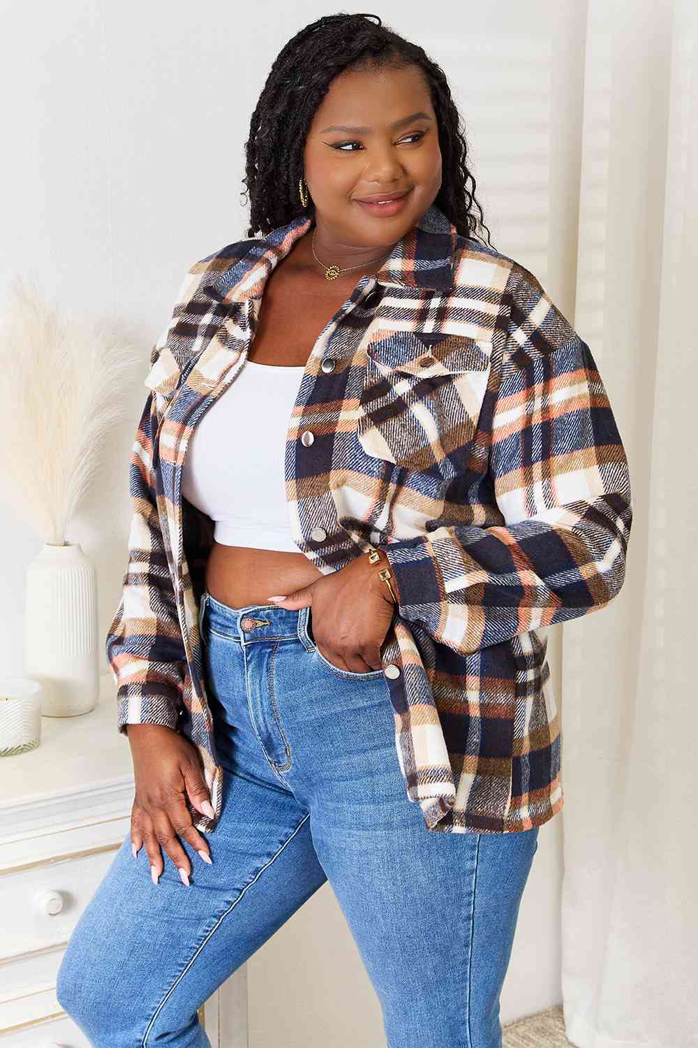 Double Take Plaid Button Front Shirt Jacket with Breast Pockets king-general-store-5710.myshopify.com