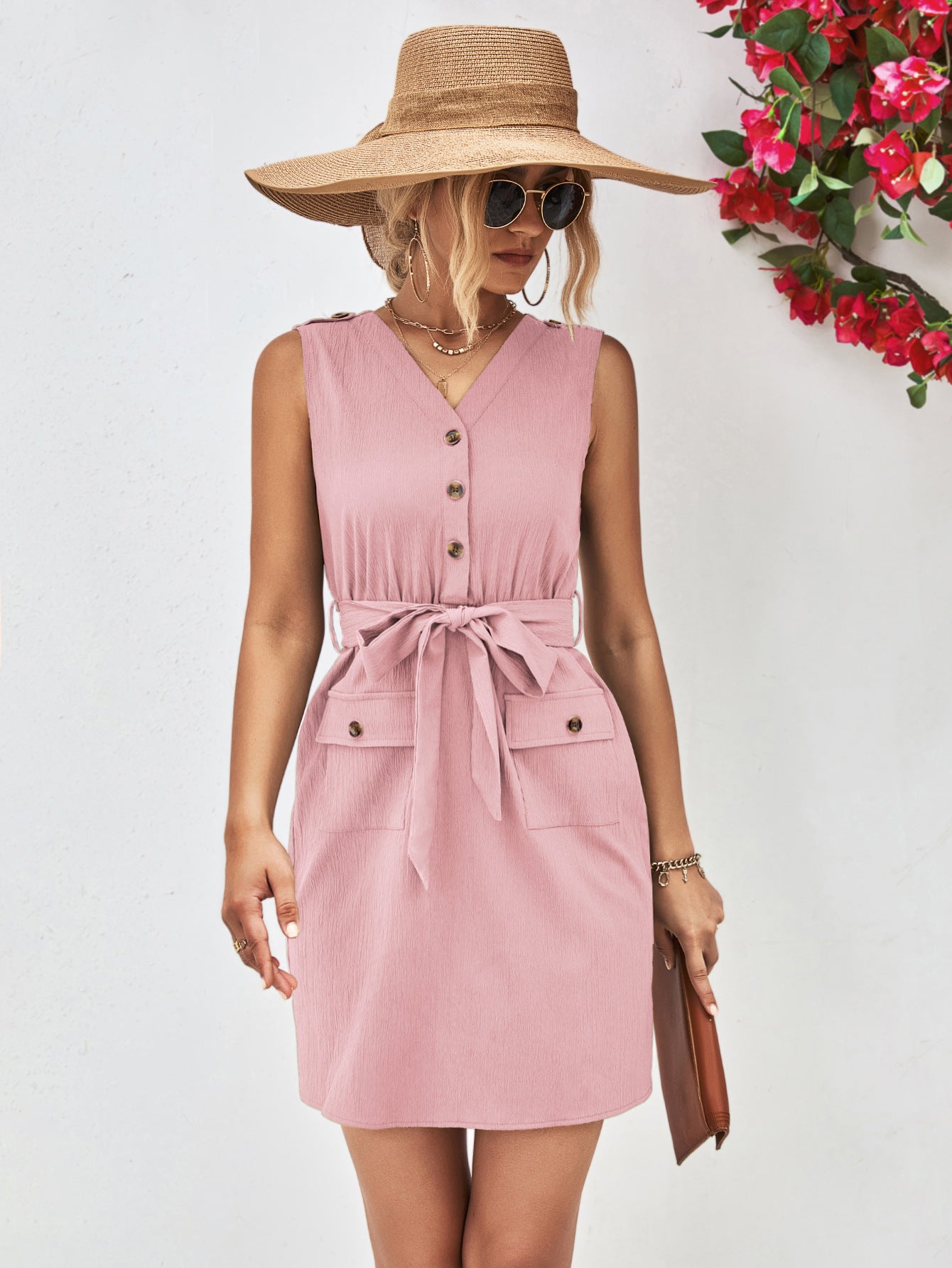 Buttoned V-Neck Belted Sleeveless Dress king-general-store-5710.myshopify.com