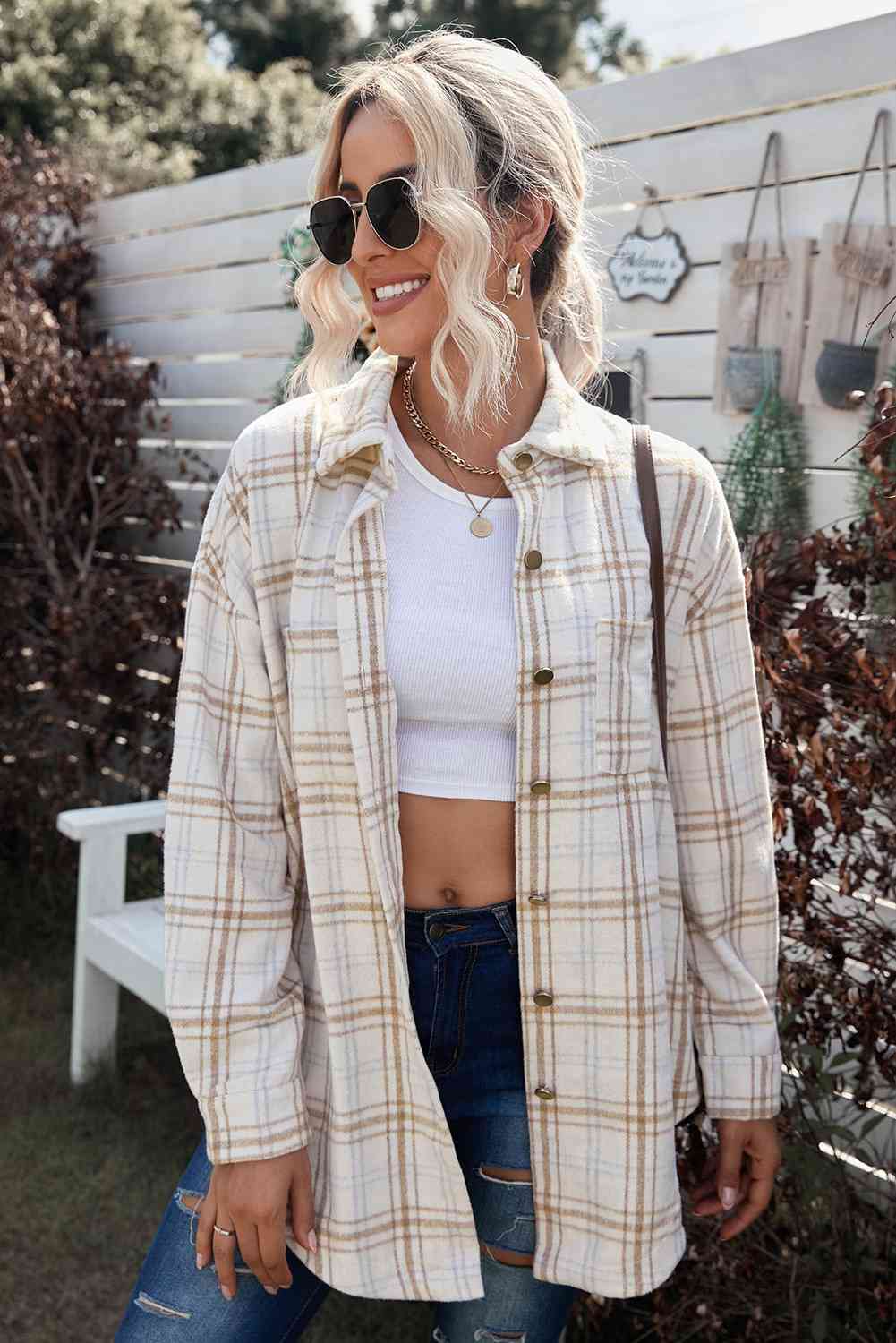 Plaid Curved Hem Dropped Shoulder Longline Shirt Jacket king-general-store-5710.myshopify.com