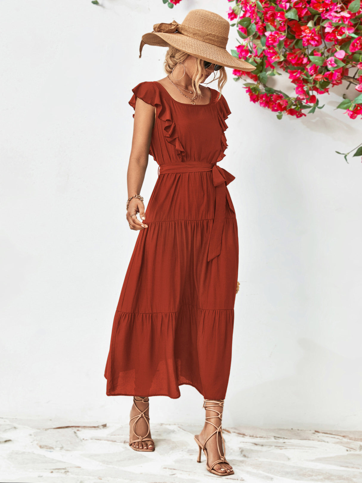 Tie Belt Ruffled Tiered Dress king-general-store-5710.myshopify.com