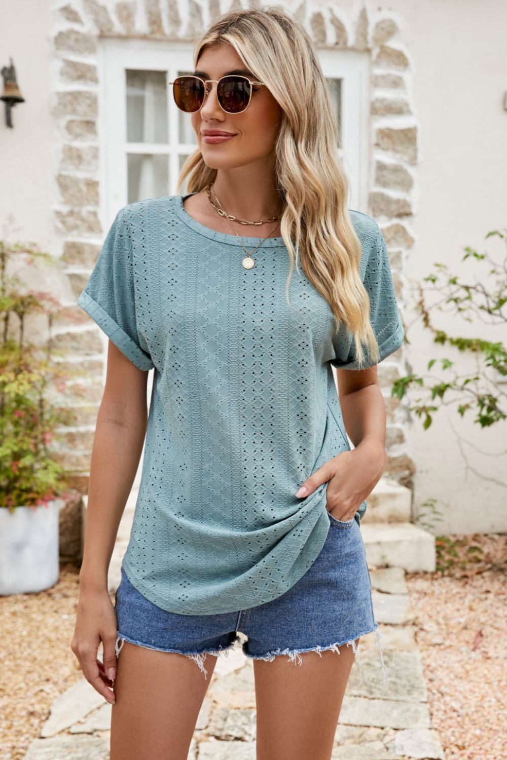 Full Size Round Neck Eyelet Short Sleeve Top king-general-store-5710.myshopify.com