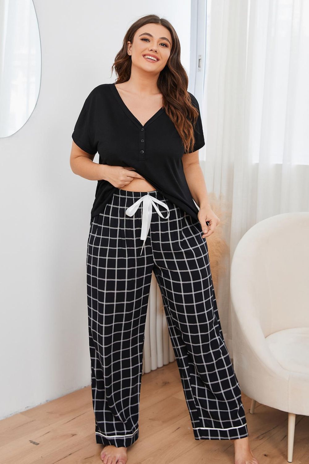 Plus Size V-Neck Top and Plaid Pants Lounge Set king-general-store-5710.myshopify.com