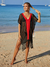 Contrast Fringe Trim Openwork Cover-Up Dress king-general-store-5710.myshopify.com