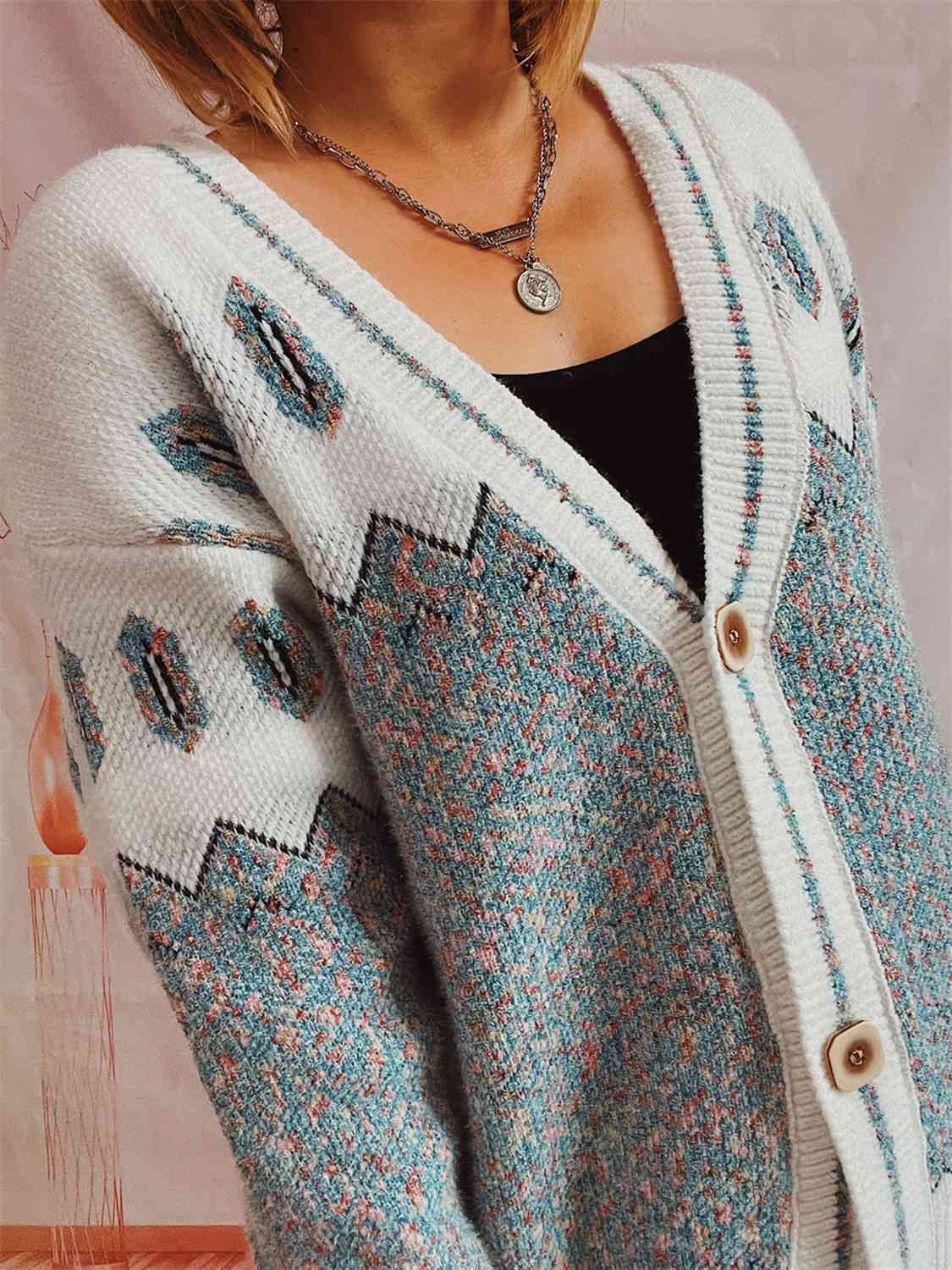 Geometric Button Front Long Sleeve Cardigan king-general-store-5710.myshopify.com