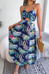 Botanical Print Tied Backless Cutout Slit Dress king-general-store-5710.myshopify.com