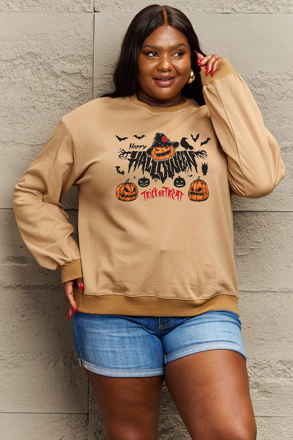 Simply Love Full Size HAPPY HALLOWEEN TRICK OR TREAT Graphic Sweatshirt king-general-store-5710.myshopify.com