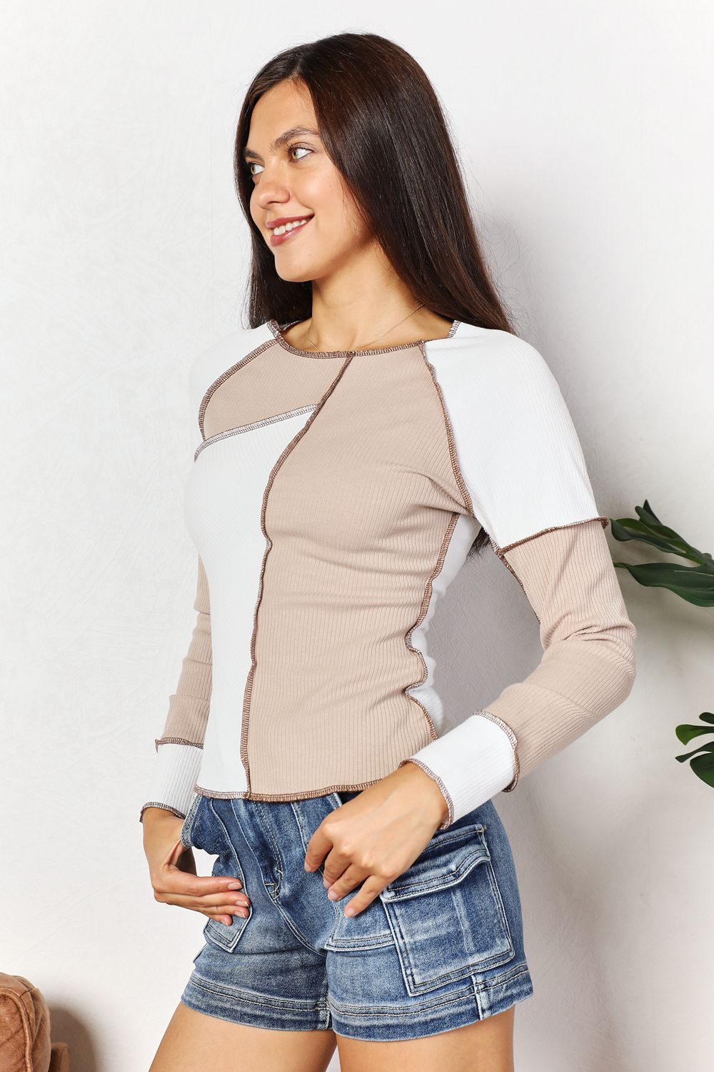 Double Take Color Block Exposed Seam Top king-general-store-5710.myshopify.com
