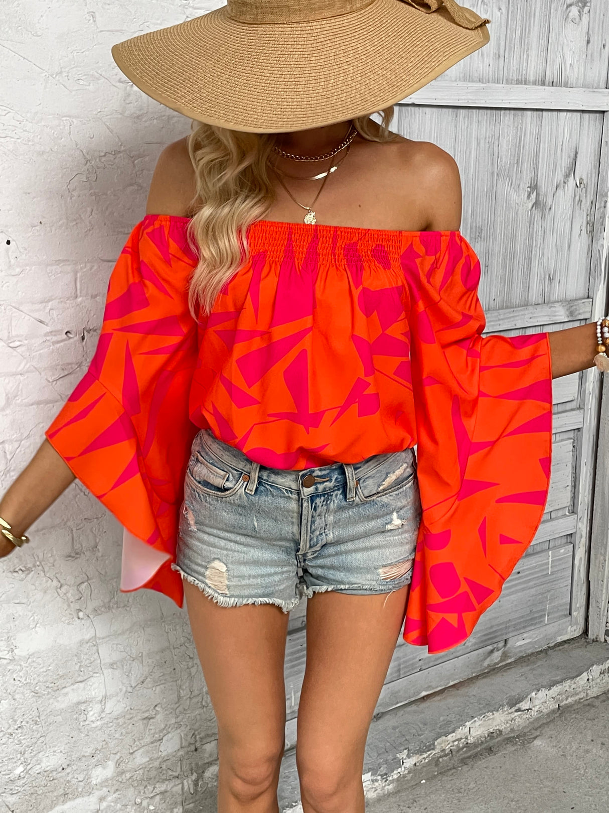 Printed Off-Shoulder Bell Sleeve Blouse king-general-store-5710.myshopify.com