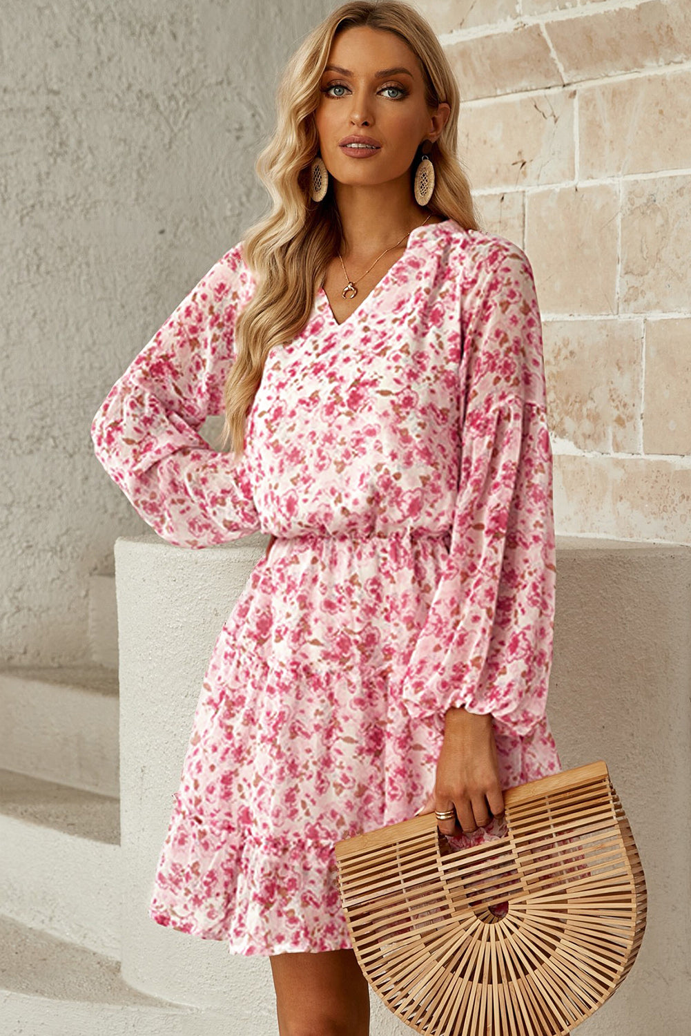 Floral Frill Trim Puff Sleeve Notched Neck Dress king-general-store-5710.myshopify.com